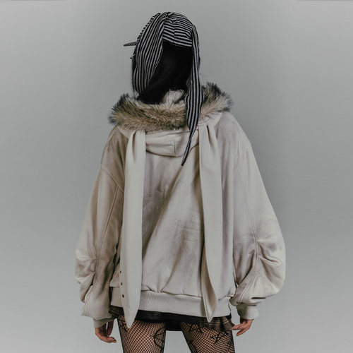 YUKAHOUSE 原创兔耳连帽外套灰毛棉服亚比Y2K加绒加厚女上衣秋冬 - 图2