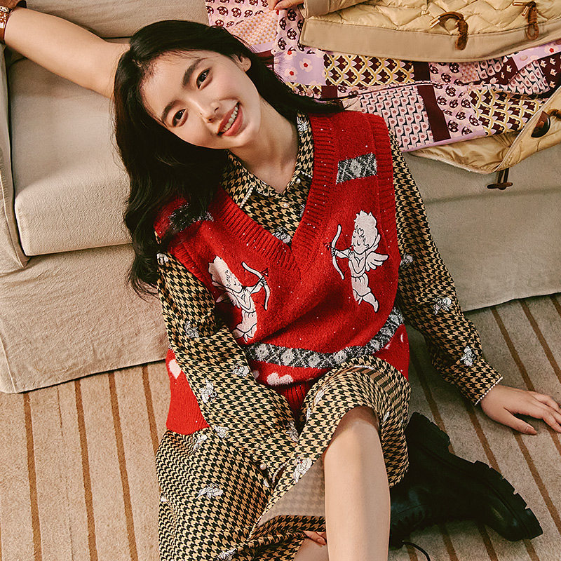 tanni冬季新品学院风V领休闲运动毛衣无袖提花针织背心TL31KN038A,淘宝优惠券,粉丝福利购,淘宝优惠卷