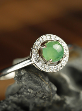 承悦 小巧晴水翡翠戒指 纯银活口指环  飘绿花玉石戒指