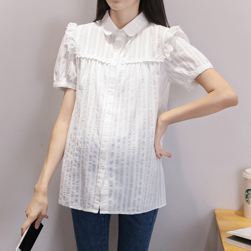 孕妇衬衣夏装新款短袖V领工装短款上衣时尚白色韩版纯棉职业衬衫 - 图1
