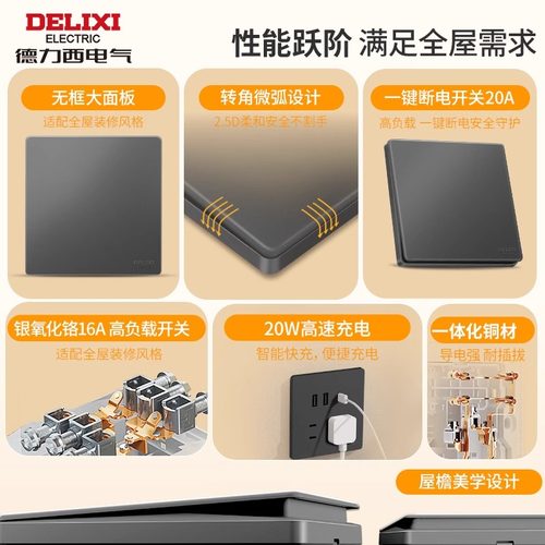德力西开关插座面板星空灰色家用墙壁暗装86型16a一开五孔CD827S - 图0