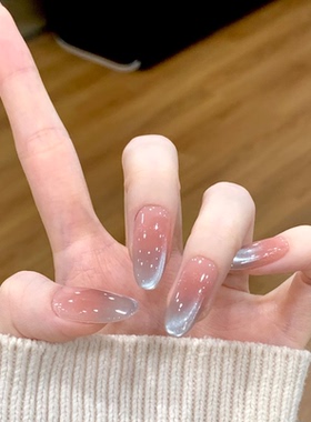 云晚海蓝~冰蓝渐变高级清冷感冰川蓝显白猫眼可拆卸美甲穿戴甲