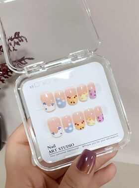 穿戴甲学生日系简约甜心波浪多巴胺法式穿戴甲短款可爱彩色豹纹