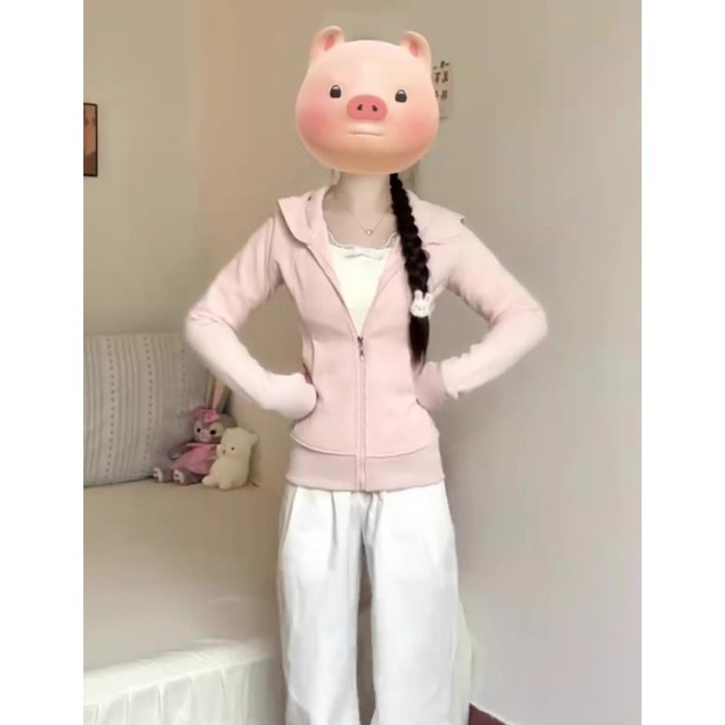 修身卫衣外套女春秋2025新款连帽正肩卫衣早秋韩系穿搭掐收腰上衣 - 图0