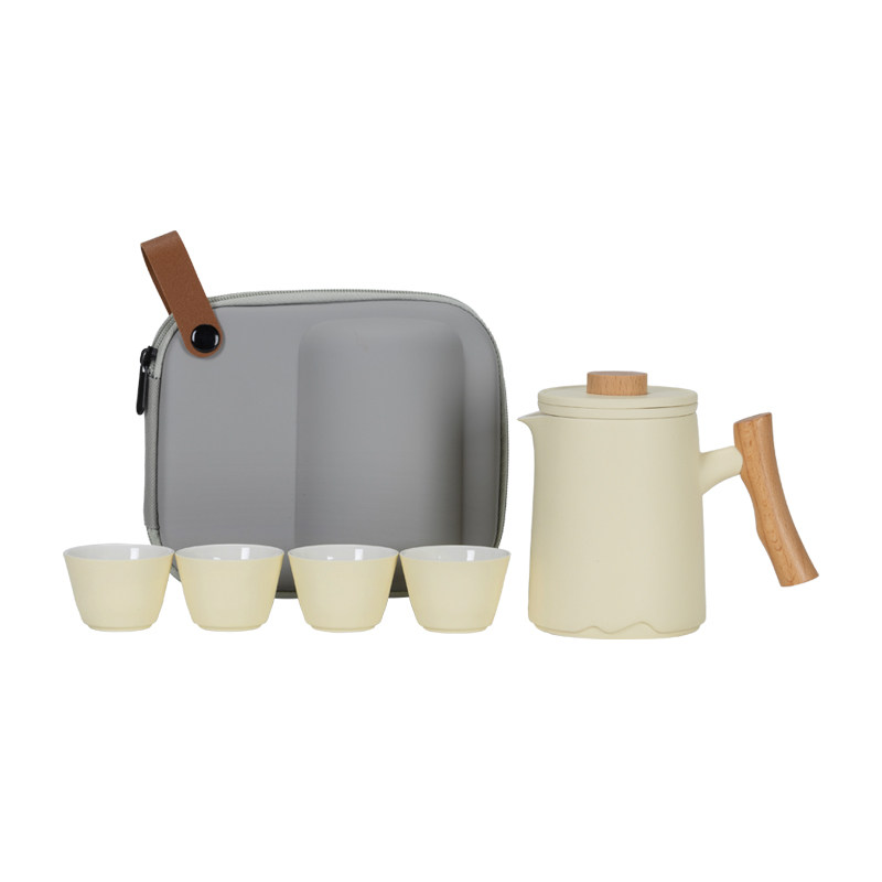 Milu Beige Glaze Wooden Handle Anti-scalding Travel Tea Set