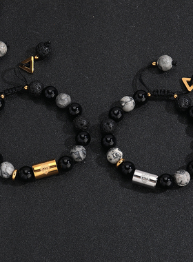 火山石钛钢手链黑曜石串珠手串！