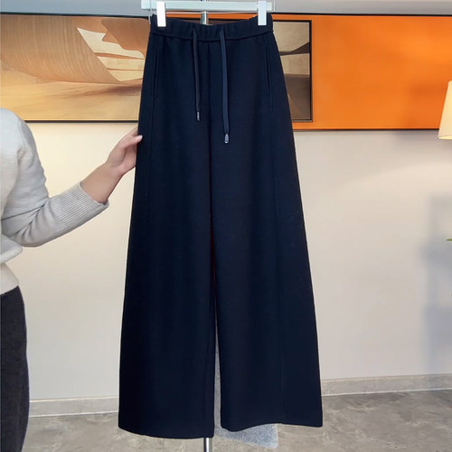 Ader休闲裤女2025年冬季新款加绒加厚宽松显瘦阔腿百搭弯刀裤子潮 - 图0