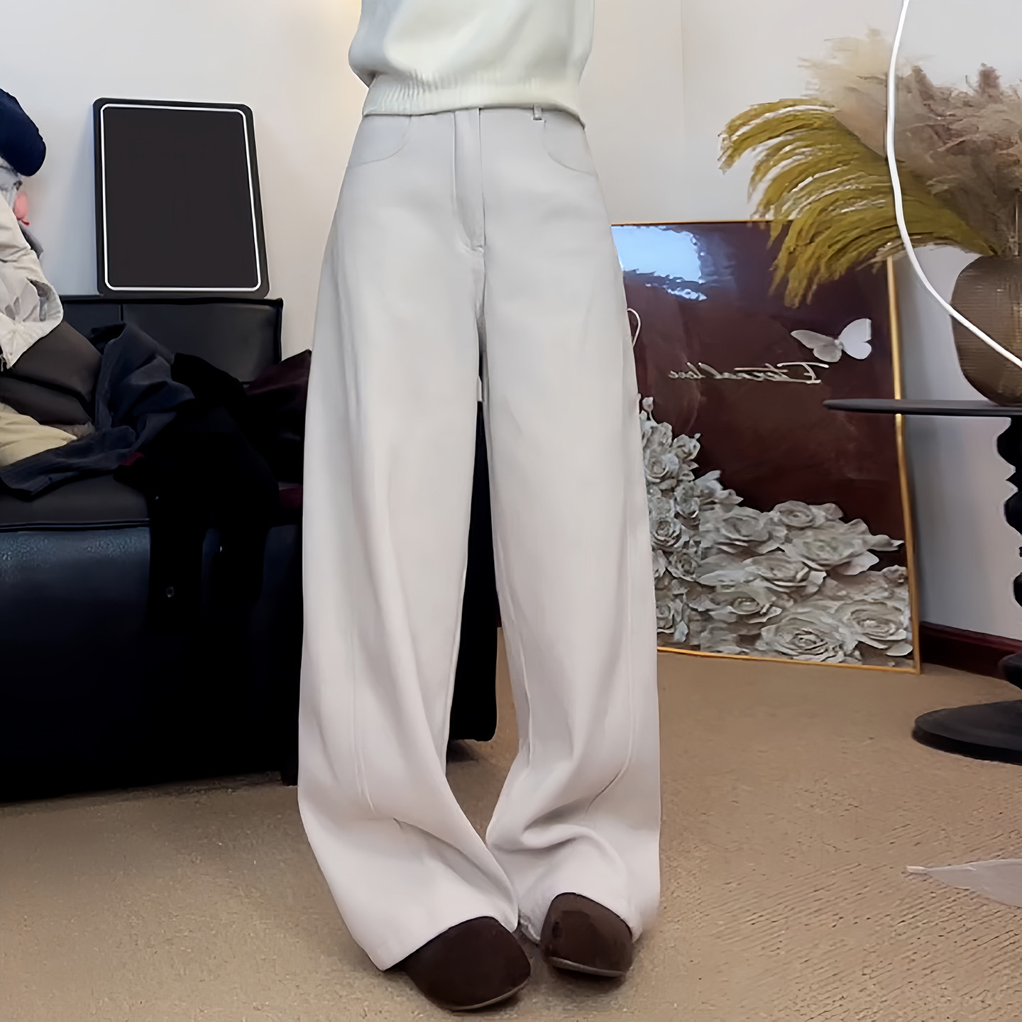 Ader冬季加绒窄版阔腿弯刀裤女2025新款百搭显瘦纯色简约休闲裤子,淘宝优惠券,粉丝福利购,淘宝优惠卷