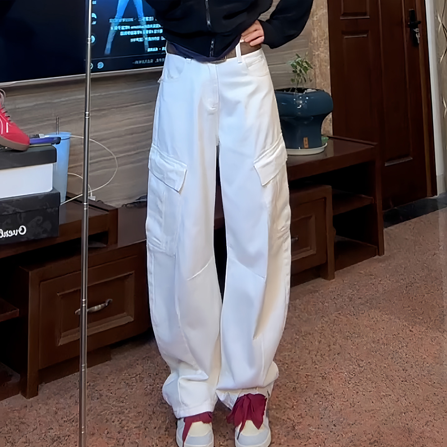 Ader牛仔工装裤女2026春季新款白色高腰宽松阔腿百搭休闲弯刀裤潮,淘宝优惠券,粉丝福利购,淘宝优惠卷