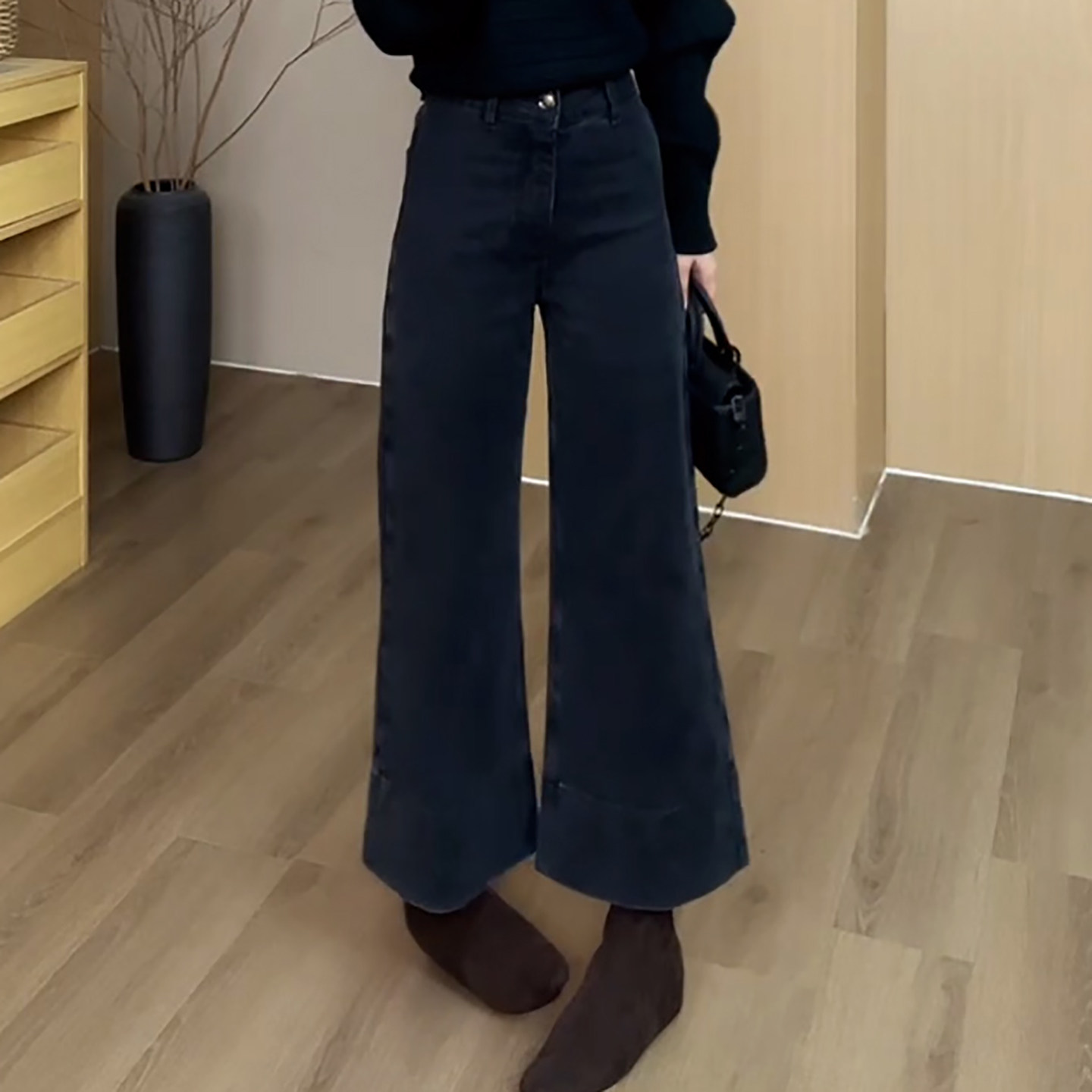 Ader烟灰色九分宽翻边牛仔裤2026春季新款时尚百搭显瘦阔腿直筒裤,淘宝优惠券,粉丝福利购,淘宝优惠卷