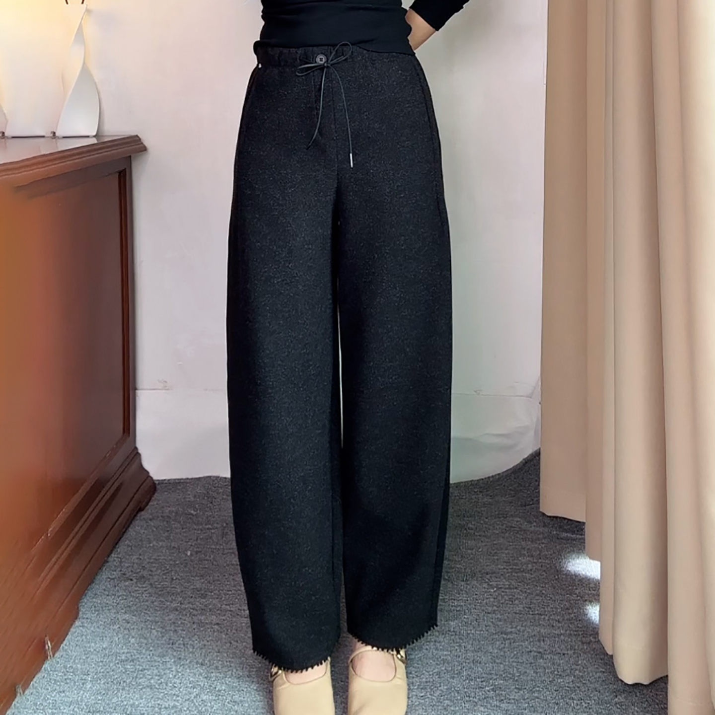 Ader韩系毛呢休闲裤女2025秋冬新款时尚百搭高腰显瘦九分弯刀裤子 - 图0