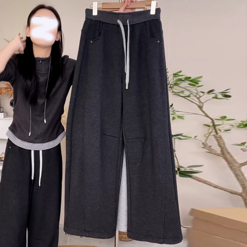 Ader冬季加绒加厚保暖弯刀裤女2025新款时尚百搭显瘦阔腿休闲裤潮 - 图1