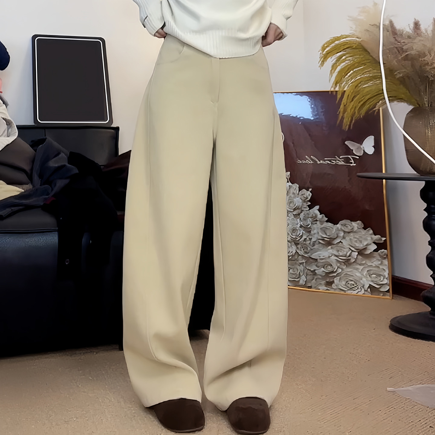 Ader冬季加绒窄版阔腿弯刀裤女2025新款百搭显瘦纯色简约休闲裤子,淘宝优惠券,粉丝福利购,淘宝优惠卷