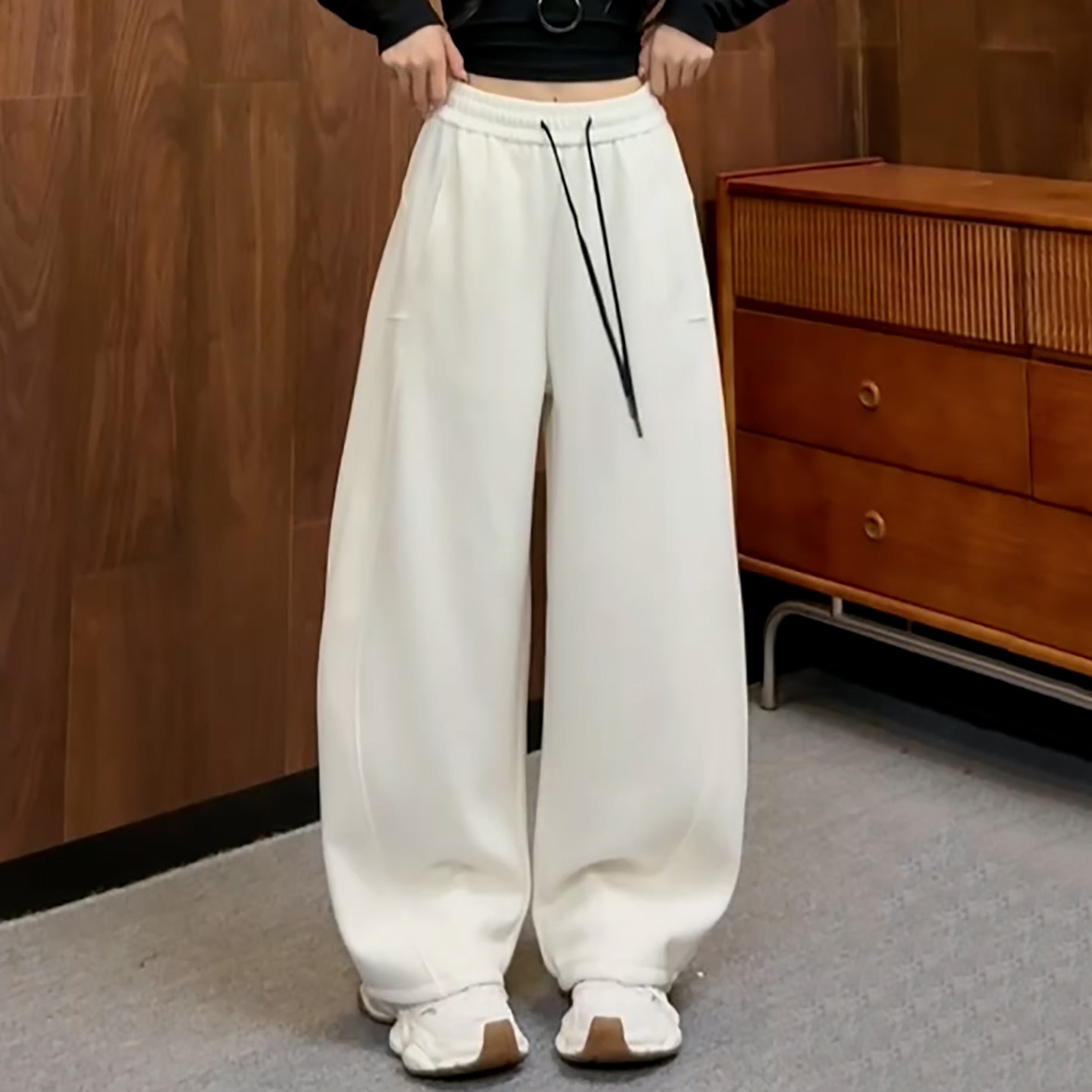 Ader松紧腰抽绳加绒加厚弯刀卫裤女2025冬季新款高腰阔腿休闲裤子,淘宝优惠券,粉丝福利购,淘宝优惠卷