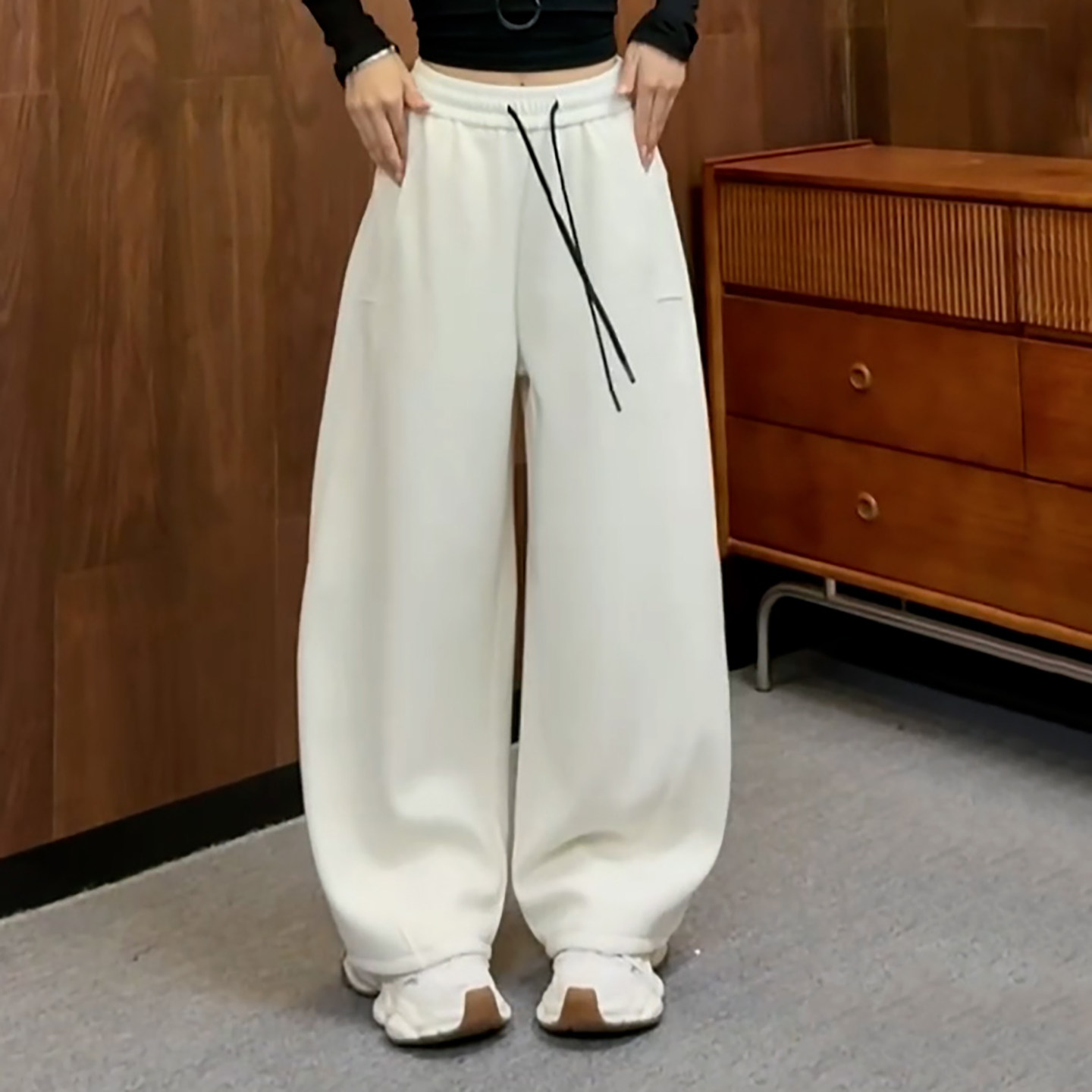 Ader松紧腰抽绳加绒加厚弯刀卫裤女2025冬季新款高腰阔腿休闲裤子,淘宝优惠券,粉丝福利购,淘宝优惠卷