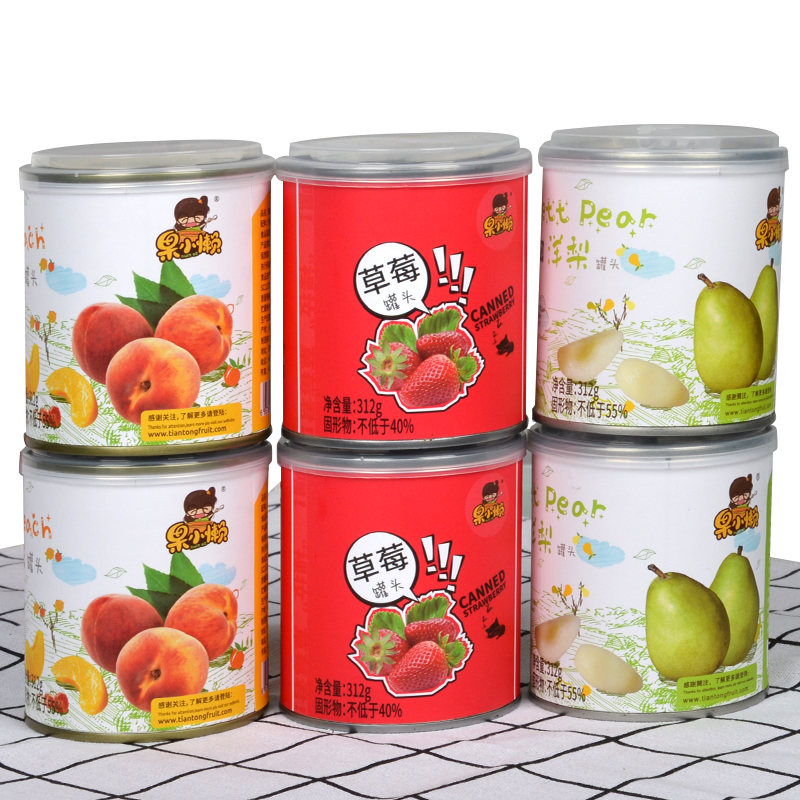 天同时代食品旗舰店天同果小懒  水果罐头312g*6罐组合黄桃草莓梨罐头各2罐0