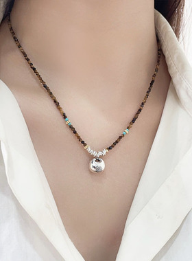锁骨链小众复古虎眼石串珠项链女