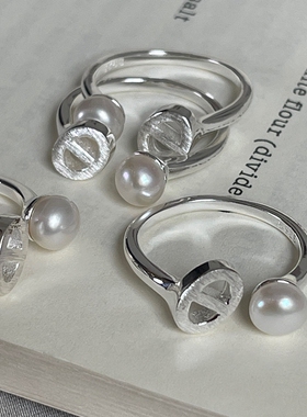 S925纯银不对称猪鼻子珍珠戒指女
