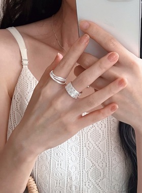 银色网格镂空编织戒指女