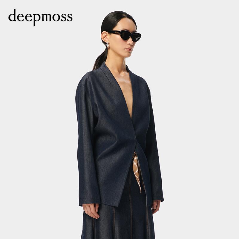 【deepmoss】2024春夏新款女装时尚休闲收腰无驳领软牛仔廓形西装