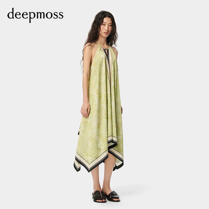 【deepmoss】2024春夏新款女装时尚休闲优雅水拓印丝巾无袖连衣裙