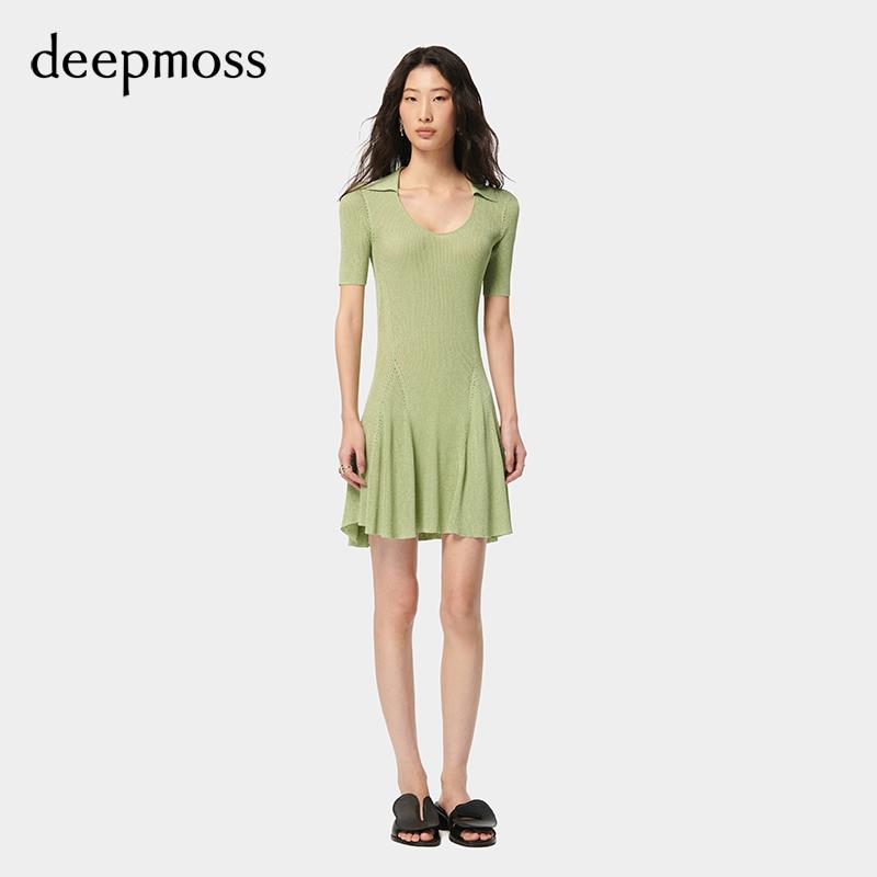 【deepmoss】2024春夏新款女装时尚休闲水泽闪葱翻领收腰连衣裙 - 图0