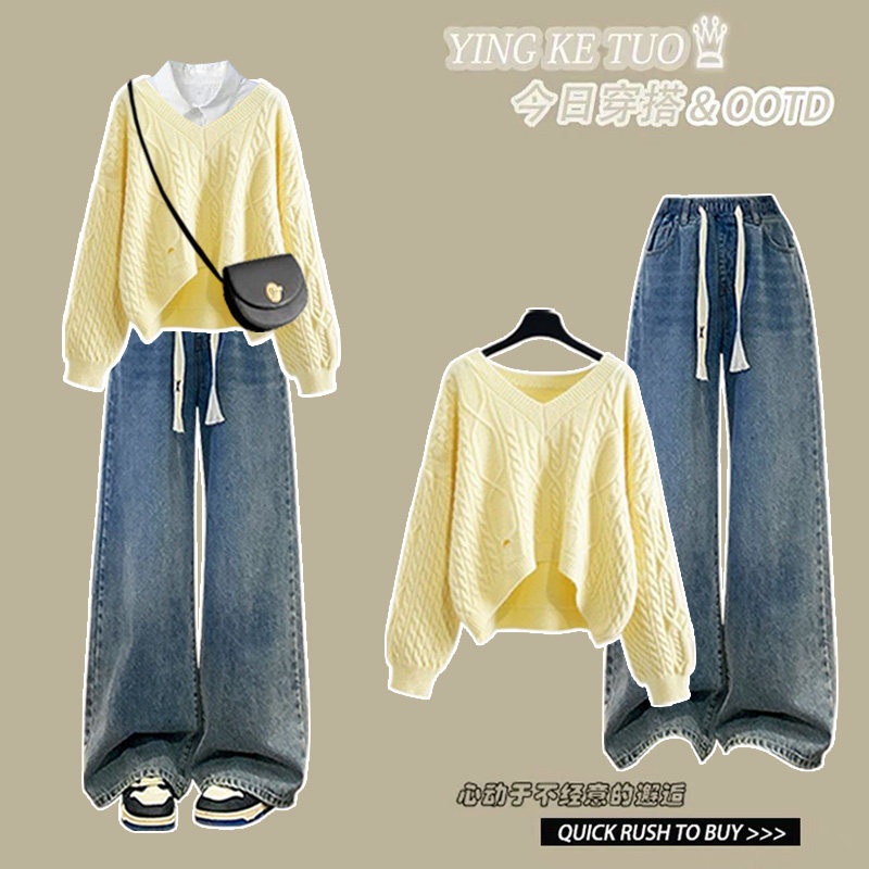 早秋简约风百搭设计感破洞V领女毛衣搭配抽绳松紧宽松显瘦牛仔裤,淘宝优惠券,粉丝福利购,淘宝优惠卷