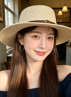 西部牛仔风镂空草帽女夏季透气松石皮绳平檐户外旅行遮阳太阳帽
