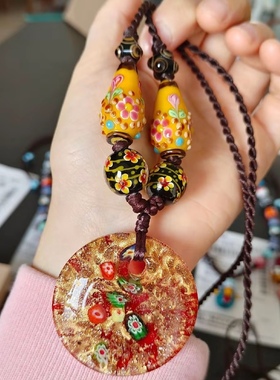 原创枯叶手作绘画金沙细闪琉璃吊坠蝴蝶项链复古小众项链女毛衣链