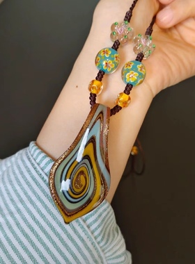 绿色原创设计手工细闪琉璃吊坠项链夏秋冬复古温柔百搭款毛衣链