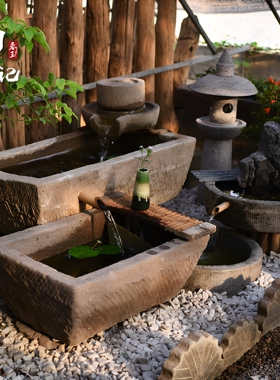 运转石磨流水组合石槽景观庭院