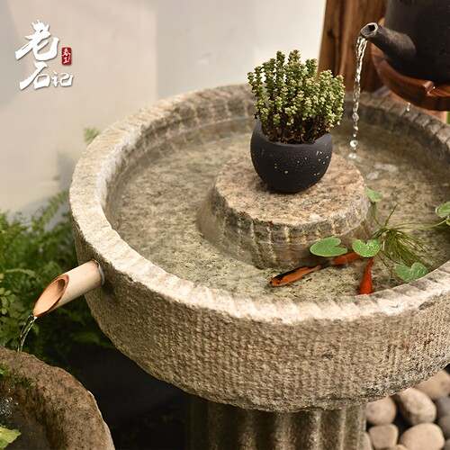 石器流水木架室内景观阳台水景庭院布景石槽组合鱼缸水池石磨摆件 - 图0