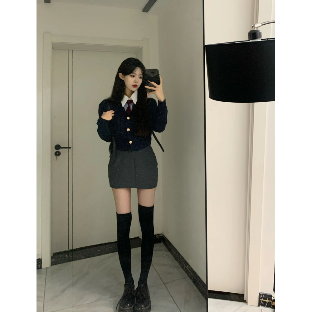 韩系辣妹纯欲学院风制服套装包臀裙女秋冬jk短款修身针织开衫外套