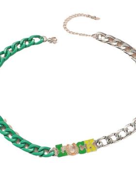 新款啤酒节潮流嘻哈小众设计绿色LUCK幸运锁骨项链女款饰品