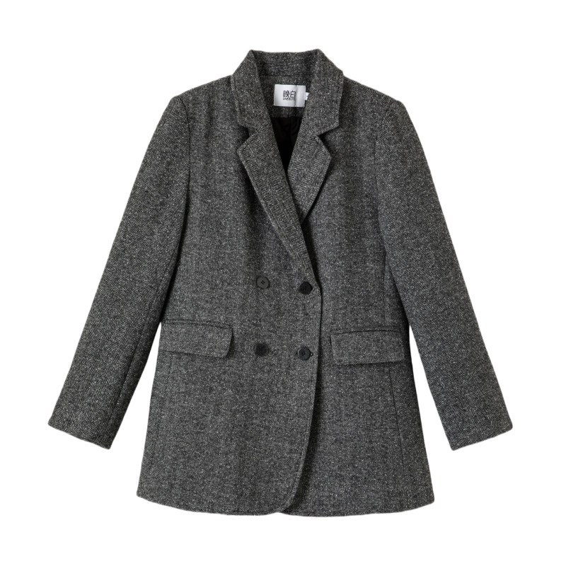 晚白2025年冬新款老钱静奢风粗花呢气质羊毛翻驳领西装夹棉外套女,淘宝优惠券,粉丝福利购,淘宝优惠卷