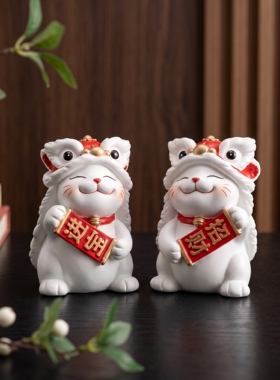 招财猫舞狮帽一对招财摆件