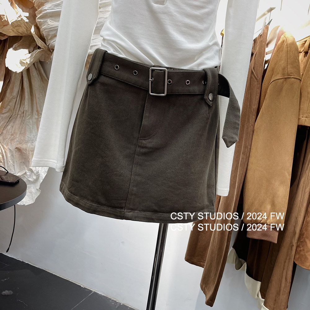 美式休闲宽松夹克工装口袋外套抽绳牛仔上衣+军绿腰带半身裙套装,淘宝优惠券,粉丝福利购,淘宝优惠卷