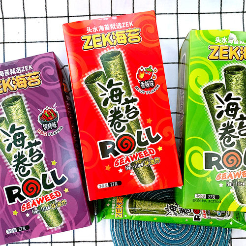 ZEK海苔卷独立包装儿童休闲零食空心泰式海苔卷烧烤辣味小零食27g - 图1