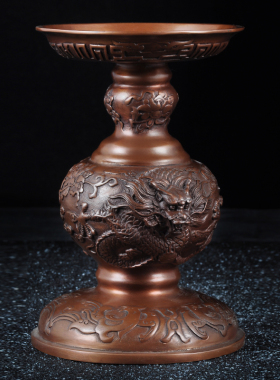 紫铜龙凤烛台摆件一对长明灯佛堂