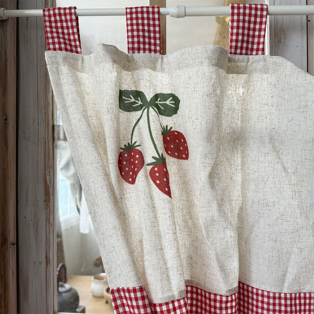 日式棉麻乡村风草莓吊带厨房窗帘半帘门帘免打孔穿杆挂钩粘贴定制,淘宝优惠券,粉丝福利购,淘宝优惠卷