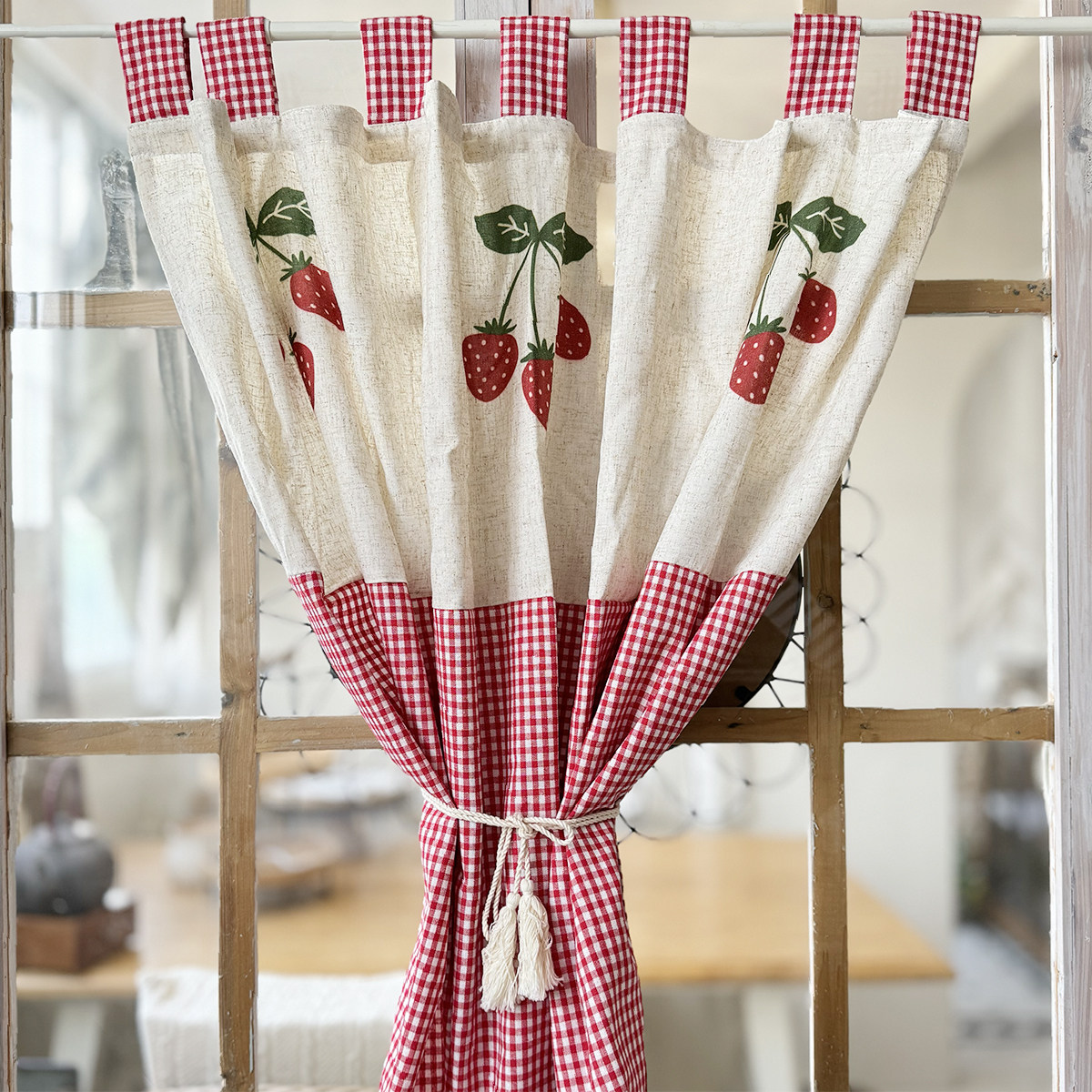 日式棉麻乡村风草莓吊带厨房窗帘半帘门帘免打孔穿杆挂钩粘贴定制,淘宝优惠券,粉丝福利购,淘宝优惠卷
