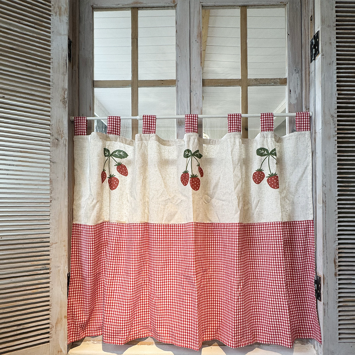 日式棉麻乡村风草莓吊带厨房窗帘半帘门帘免打孔穿杆挂钩粘贴定制,淘宝优惠券,粉丝福利购,淘宝优惠卷
