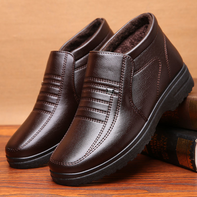 棉鞋男士冬季加厚加绒中老年人爸爸男鞋软皮防滑软底老人保暖皮鞋 - 图3