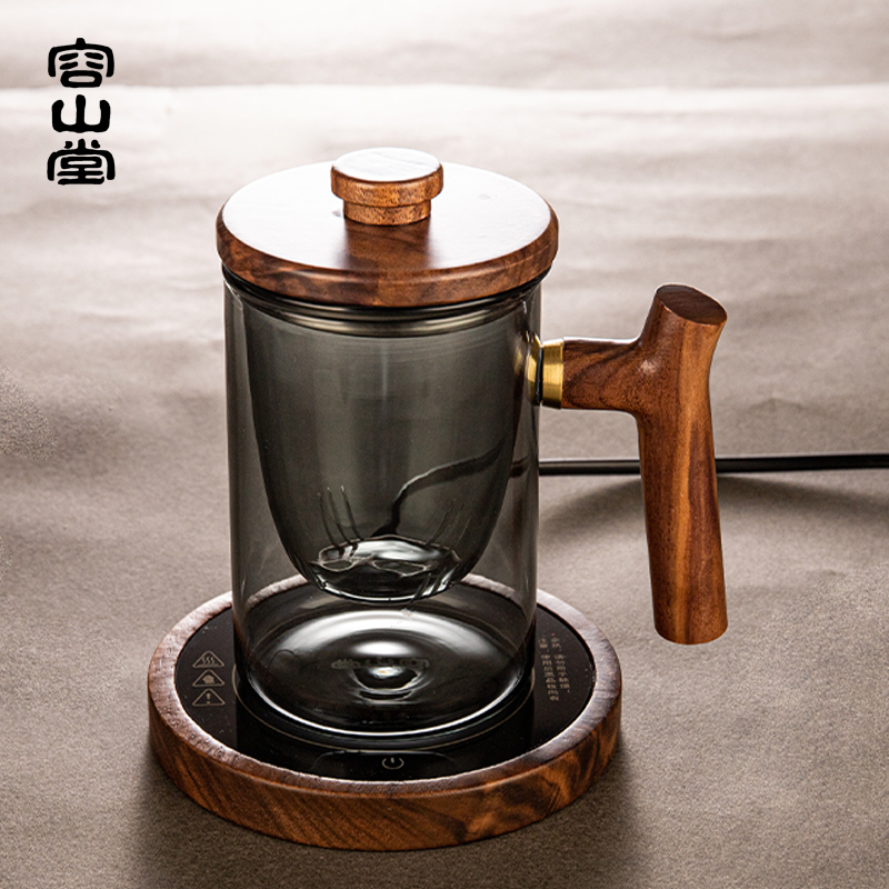 容山堂玻璃茶水分离杯加热泡茶杯简约办公杯水杯实木保温底座