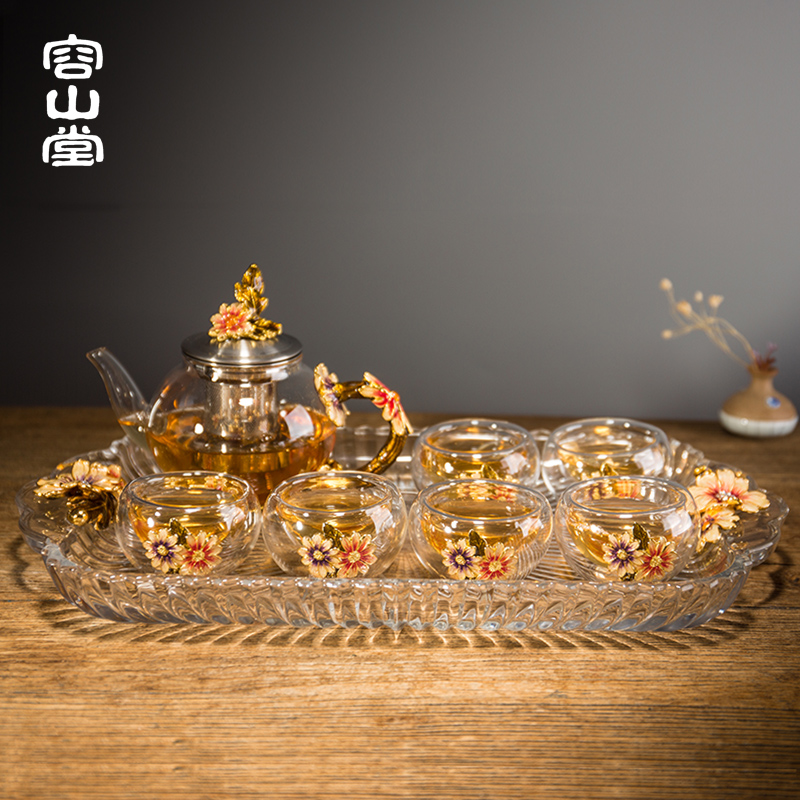 容山堂曼久珐琅彩茶杯茶壶玻璃茶具套装茶盘陶瓷商务礼品家用现代