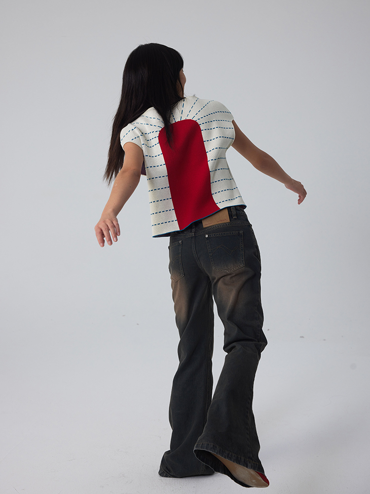 597c原创针织背心春季基础实穿百搭上衣红色毛衣撞色图案马甲叠穿 - 图2