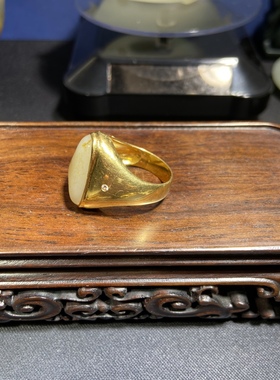 18k金镶嵌天然新疆和田玉籽料原石撒金皮羊脂白玉男款戒指珠宝