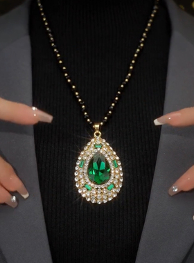 铜合金黑水晶满钻水滴毛衣链女