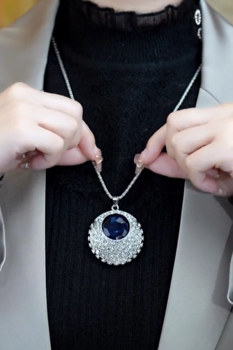 镶钻圆形项链蓝宝石毛衣链长款高级感2022年新款潮百搭挂件配饰闪 - 图1