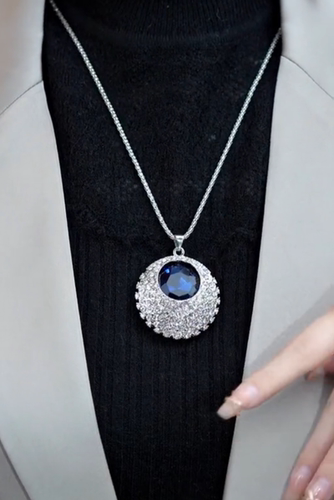 镶钻圆形项链蓝宝石毛衣链长款高级感2022年新款潮百搭挂件配饰闪 - 图2